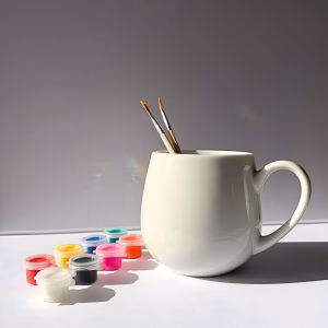 Tassen bemalen Set Bella mit Keramiktasse, Farben und Pinseln auf hellem Hintergrund