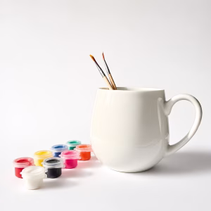 Tassen bemalen Set Birgit mit Keramiktasse, Farben und Pinseln auf hellem Hintergrund
