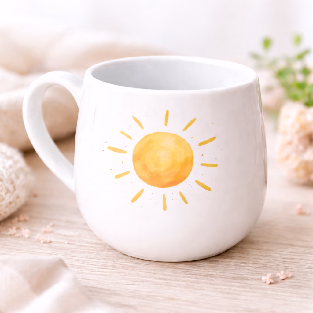 Eine schöne Keramiktasse auf die eine Sonne gemalt wurde
