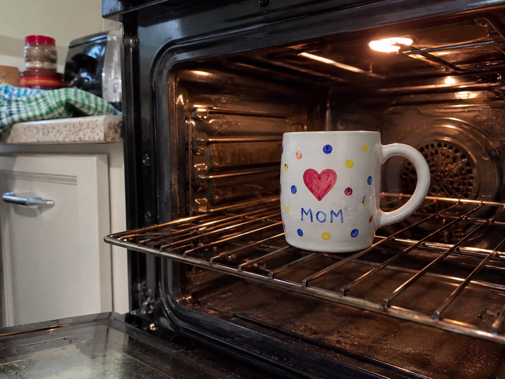 Selbst bemalte Keramiktasse mit buntem Muster steht im geöffneten Backofen auf dem Rost